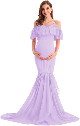 Miniatura 26 de MYRISAM Vestido de maternidad con volantes y hombros descubiertos para mujer, vestido de fiesta de sirena de gasa, vestido ajustado