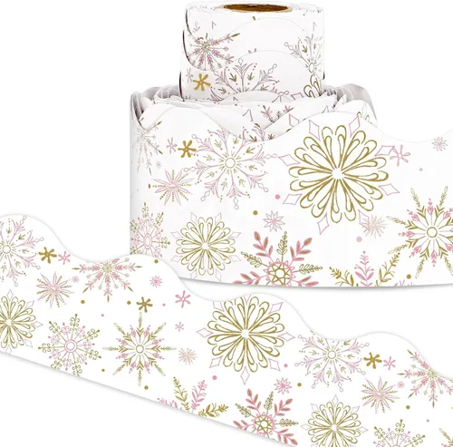 Miniatura 8 de Rollo de borde de tablero de anuncios de Navidad de 65 pies con diseño de copo de nieve y oro gris para vacaciones de invierno, Navidad, aula