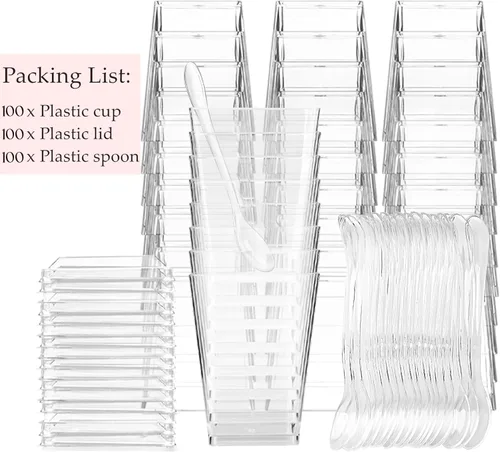 Miniatura 7 de TOFLEN Paquete de 100 Tazas de Postre de Plástico de 5 oz con Tapas para Fiestas, Mini Tazas de Postre con Cucharas Tazas Shooter de Postre