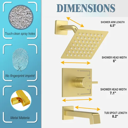 Miniatura 7 de SOOOHOT Accesorios de ducha dorados cepillados, juego de grifo de bañera y ducha con cabezal de ducha dorado de 6 pulgadas y boquilla de tina, juego