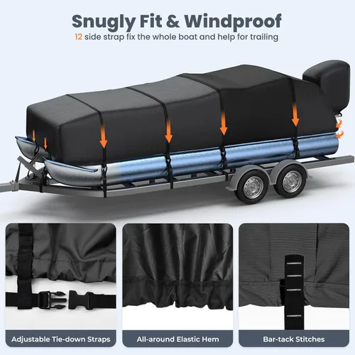 Miniatura 6 de RVMasking Cubierta para barco pontón con cubierta para motor, 1400D resistente reforzada en el medio, cubierta impermeable para barco de grado