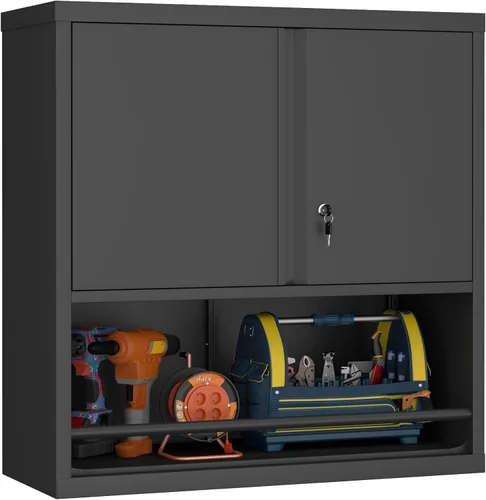 GREATMEET Gabinete de pared de garaje, gabinetes de almacenamiento de garaje de metal, gabinete de utilidad con bloqueo, armarios colgantes para