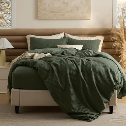 Miniatura 24 de Bedsure - Funda de edredón de algodón tamaño King - 100% algodón de tejido gofre color verde bosque, juego de ropa de cama GentleSoft™ transpirable