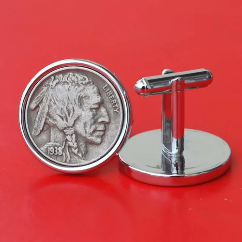 Miniatura 3 de US 1938 Indian Head Buffalo Nickel Coin Silver Plated Cufflinks NEW