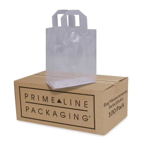 Prime Line Packaging Bolsas de regalo transparentes esmeriladas, bolsas transparentes con asas suaves para pequeñas empresas, regalos de bienvenida,