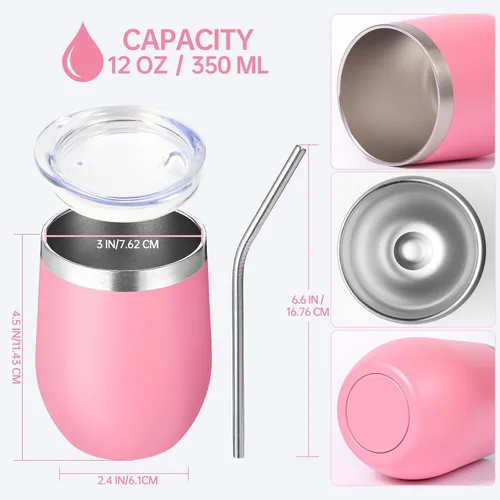 Miniatura 2 de Volhoply - Juego de 12 vasos de vino de 12 onzas con tapa, hechos de acero inoxidable con aislamiento al vacío de doble pared, vasos de vino sin Rosa