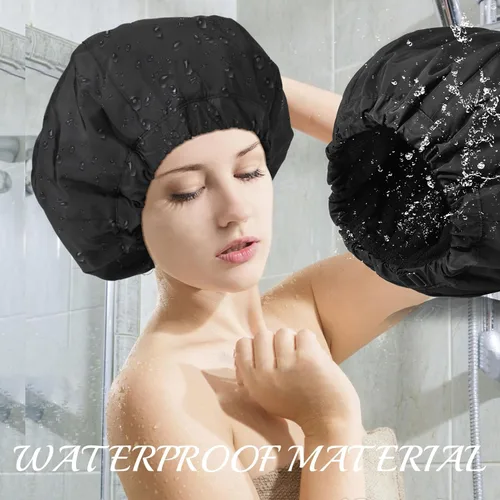 Miniatura 3 de Gorro de ducha para mujer, gorro de baño negro, reversible, grande, impermeable, ajustable, forro de rizo y banda elástica, dobladillo elástico