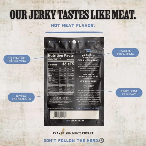 Miniatura 2 de No Mans Land Beef Jerky - Pimienta negra Tiras de carne seca secadas lentamente, ahumadas y sazonadas Bocadillo de carne de res alto
