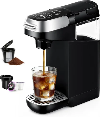 Cafetera pequeña de una sola porción para K Cup y café molido, café rápido de una taza, 6 a 12 oz. Tamaños de preparación, máquina con recordatorio