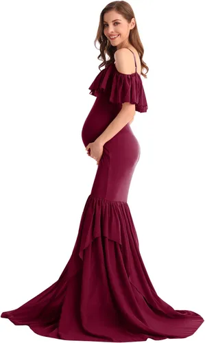 Miniatura 22 de MYRISAM Vestido de maternidad con volantes y hombros descubiertos para mujer, vestido de fiesta de sirena de gasa, vestido ajustado