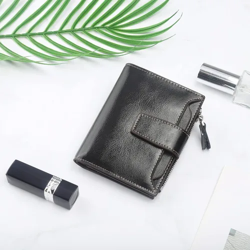 Miniatura 6 de Lavemi Pequeña cartera compacta para mujer, con bloqueo RFID, de piel auténtica, plegable, con ventanas de identificación