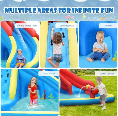 Miniatura 5 de BOUNTECH - Tobogán acuático inflable, parque acuático 7 en 1 para niños y adultos, diversión al aire libre con doble tobogán largo, soplador de 950