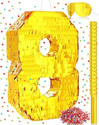 Miniatura 11 de Sratte Piñata - Decoraciones de fiesta de cumpleaños, piñata de lámina dorada con palo, confeti para niños y niñas, cumpleaños, aniversario