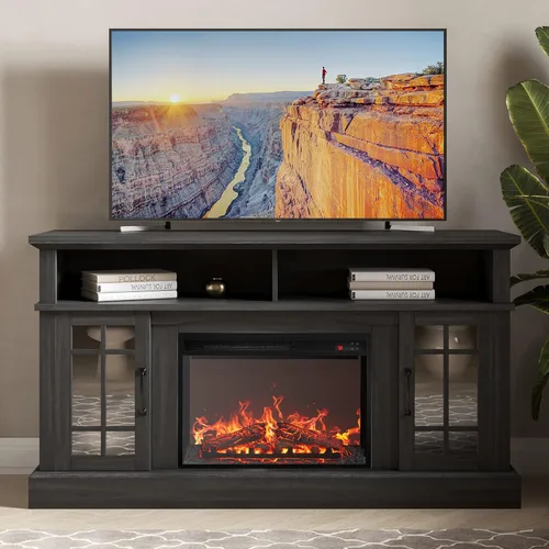 Miniatura 12 de BELLEZE Mueble TV, 48 pulgadas, con chimenea eléctrica funcional de 18 pulgadas, moderno, para TV de máx. 50 pulgadas, estantes abiertos y armarios
