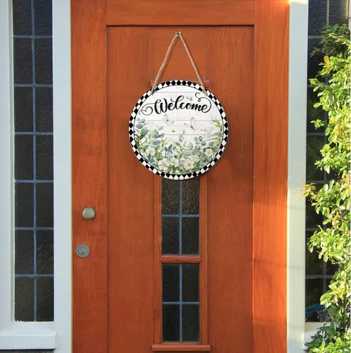 Miniatura 7 de Ripeng Letrero de bienvenida para puerta delantera, colgador de puerta de madera a cuadros para exteriores, interiores, exteriores, porche, casa