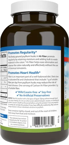 Miniatura 3 de Carlson - Hi-Fiber, 0.11 oz, Cápsulas de cáscara de psyllium, regularidad, salud del colon y función cardíaca, 300 cápsulas