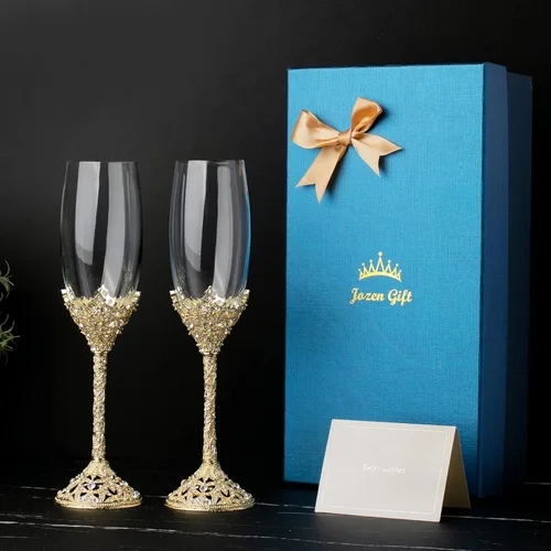 Miniatura 2 de Copas de champán doradas, base de metal de cristal con piedras de cristal, juego de 2 pares de flautas de tostado, boda, aniversario, fiesta