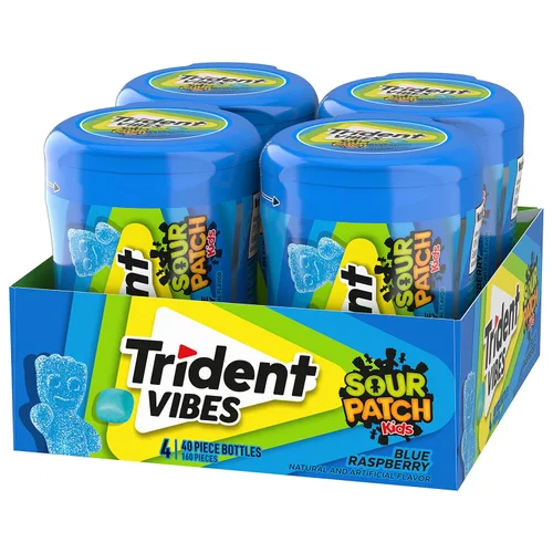 Miniatura 11 de Trident Vibes SOUR PATCH KIDS - Goma de mascar sin azúcar de frambuesa azul, 4 botellas de 40 piezas (160 piezas en total)