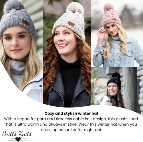 Miniatura 5 de Britt's Knits Cozy Classics - Gorro de invierno con pompones de piel acogedora para mujeres y niñas