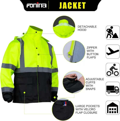 Miniatura 3 de FONIRRA Hi Vis - Chaqueta de lluvia de seguridad para hombre, equipo de lluvia de alta visibilidad clase 3, trajes de lluvia para hombres