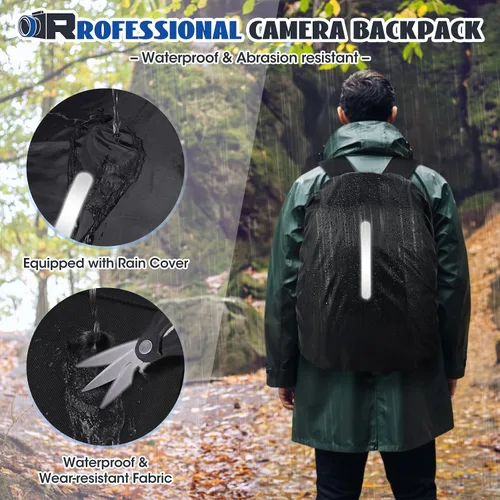 Miniatura 7 de RAINSMORE Mochila para cámara para fotógrafos DSLR SLR SLR sin espejo con cubierta impermeable para lluvia y compartimento para laptop, se adapta a