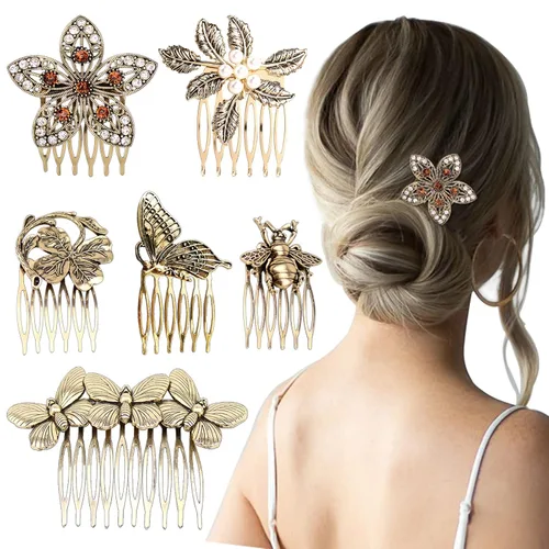 Paquete de 6 peines laterales vintage para mujer, decorativos, retro, perlas doradas, diamantes de imitación, pinzas de metal con agarre de dientes,