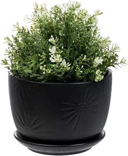 Miniatura 8 de MyGift - Maceta redonda de cerámica amarilla de 17,78 cm con orificio de drenaje y platillo adjunto, moderna y decorativa, con relieve