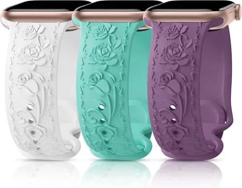 Miniatura 7 de 3 Packs Floral Engraved Bands Compatible with Apple Watch Band 40mm 41mm 38mm 42mm 44mm 45mm 49mm for Women, Silicone Cute Embossed Rose Apple Watch