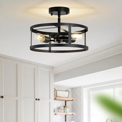 Miniatura 13 de Lámpara colgante estilo granja, luces colgantes negras para isla de cocina, luz colgante de metal industrial y madera vintage, lámpara de techo
