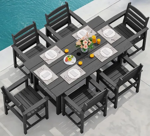 SERWALL Juego de mesa de comedor de 7 piezas, muebles de comedor de polietileno de alta densidad para exteriores con agujero para paraguas y 6 Negro