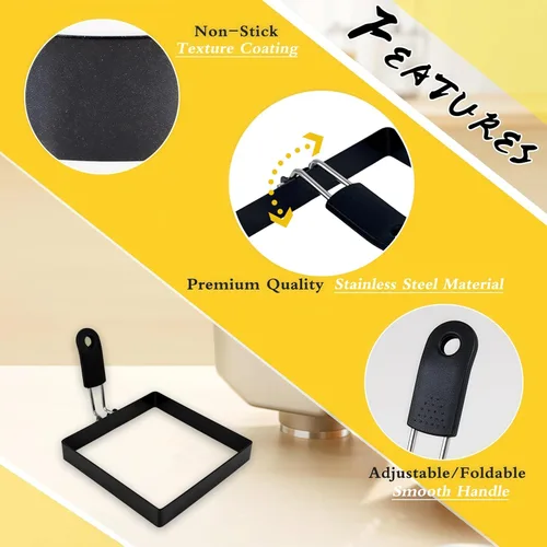 Miniatura 3 de Paquete de 4 anillos de huevo para freír huevos, 4 pulgadas de acero inoxidable para cocinar huevos cuadrados, para panqueques ingleses, con mango