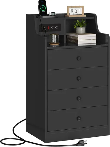 ADORNEVE Mesita de noche grande con estación de carga, mesita de noche negra para dormitorio, mesa auxiliar alta con aparador y 4 cajones, mesa de