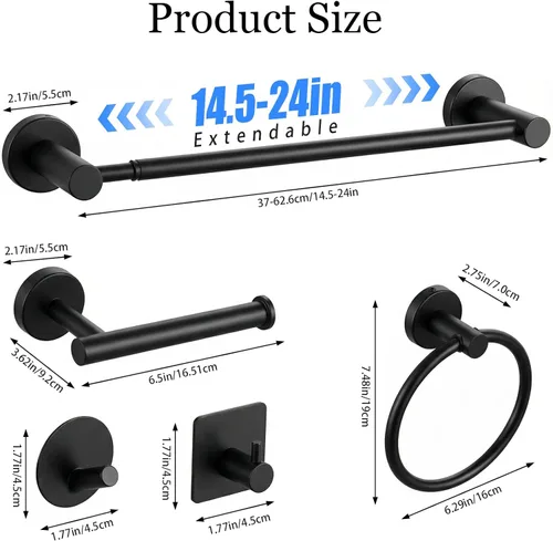 Miniatura 3 de Juego de 10 accesorios de baño negro mate, juego de toallas de baño ajustables de 14.5-24 pulgadas, juego de accesorios de baño de acero inoxidable