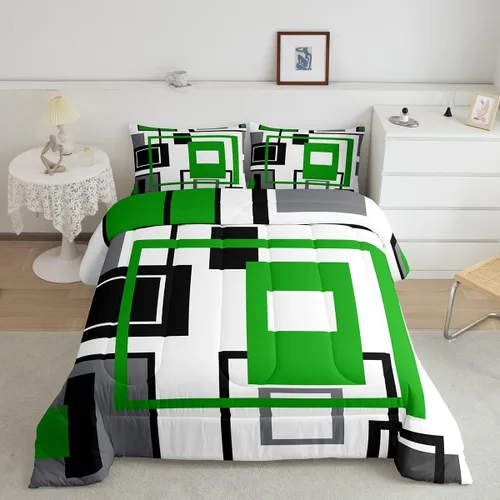 Miniatura 43 de Juego de edredón de geometría abstracta, tamaño individual, negro, gris, verde, geométrico, cuadrado, para niños, niñas, adolescentes, juego