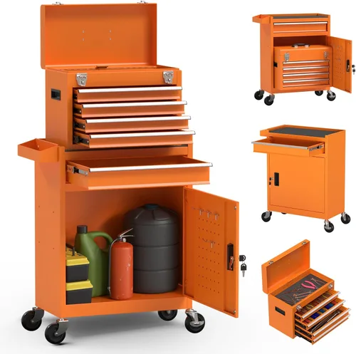 Miniatura 10 de Caja de herramientas rodante de alta capacidad de 5 cajones, caja de herramientas de almacenamiento extraíble con ruedas y cajones, caja
