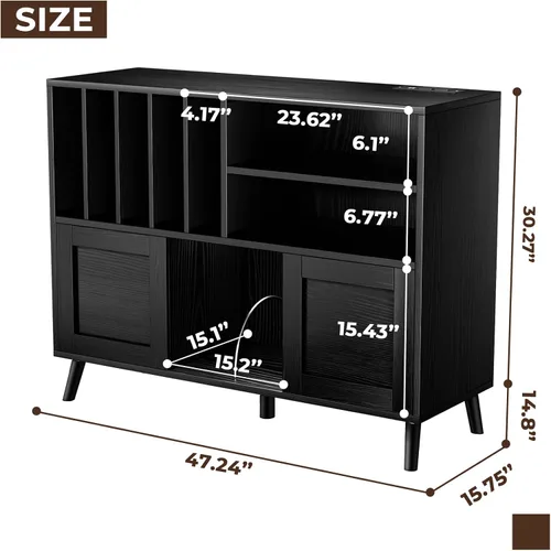 Miniatura 2 de Soporte XL para tocadiscos con puertas corredizas, gabinete de almacenamiento de discos de vinilo con estación de carga y puertos USB, mesa moderna