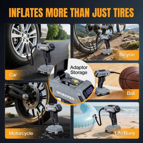 Miniatura 7 de WORKPROX Compresor de aire portátil para inflador de neumáticos, bomba de neumáticos inalámbrica de 150 PSI con medidor de presión digital, inflado
