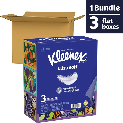 Miniatura 2 de Kleenex Pañuelos faciales ultra suaves, 3 cajas planas, 110 pañuelos por caja (330 pañuelos en total)