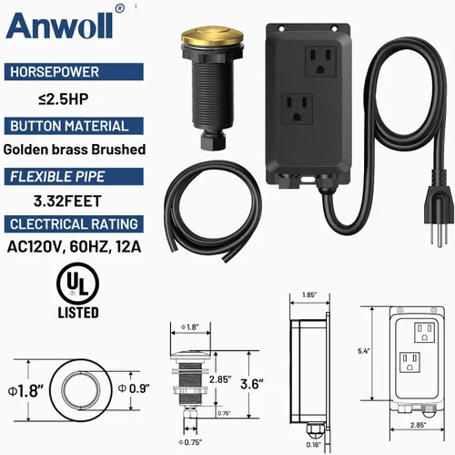 Miniatura 5 de Kit de Interruptor de Aire para Triturador de Basura, Salida Doble Profesional, Cubierta de Latón Macizo en Oro Cepillado, Botón Superior