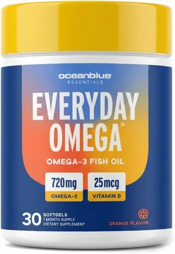 Oceanblue Omega-3 para mujeres, aceite de pescado sin eructos, 720 mg con vitamina D3, apoyo cardíaco e inmunológico, destilado molecularmente,