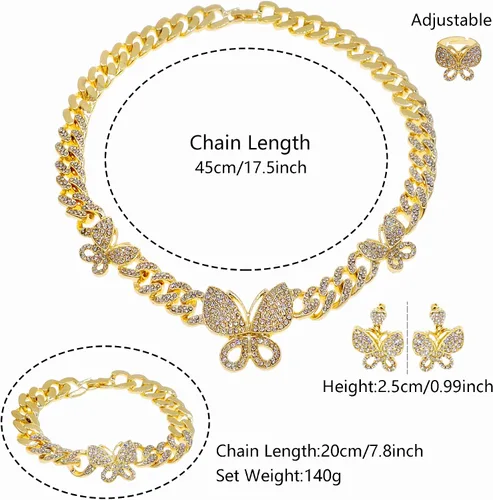 Miniatura 2 de SYHOL Collares de mariposa para mujer, collar de cadena cubana, pulsera con colgante de mariposa grande, collar de eslabones cubanos con diamantes