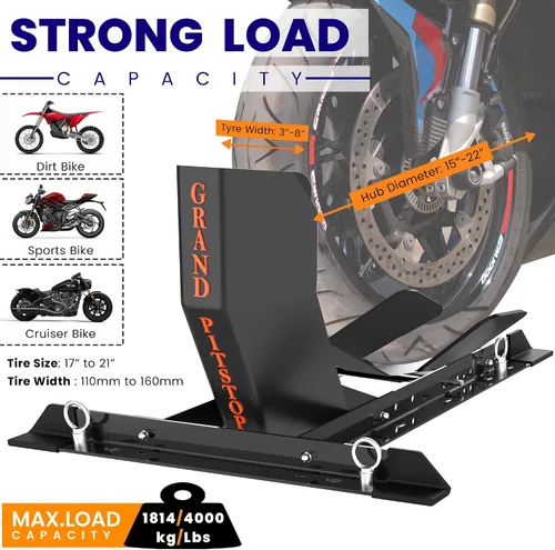 Miniatura 4 de GRAND PITSTOP Calzo de rueda universal para soporte de motocicleta para remolque, completamente ajustable, desmontable y plegable (negro)