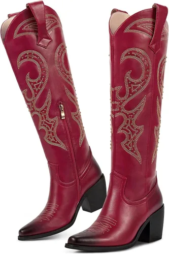 Miniatura 4 de wetkiss Botas vaqueras para mujer, hasta la rodilla, botas vaqueras para mujer, con diamantes de imitación, cómodas, a la moda, altas y brillantes