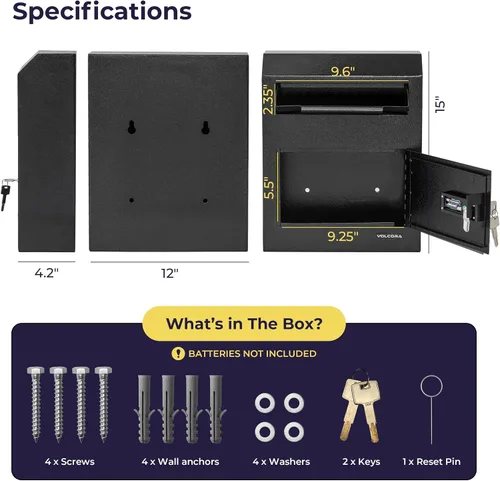 Miniatura 5 de Volcora Caja de llaves con cerradura, caja de depósito con ranura de caída, caja fuerte de dinero con teclado digital, caja fuerte para negocios