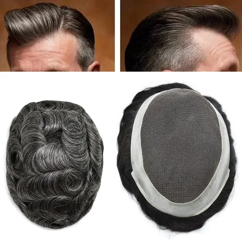 Miniatura 8 de Tupé para hombre, pieza de cabello humano real, encaje francés con piel de poliéster alrededor del sistema de cabello, 8 x 10 pulgadas, unidad