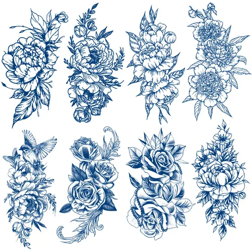 Tatuajes semipermanentes, tatuajes temporales, 8 hojas de tinta a base de plantas tatuajes de flores azules para adultos, mujeres, niñas y niños