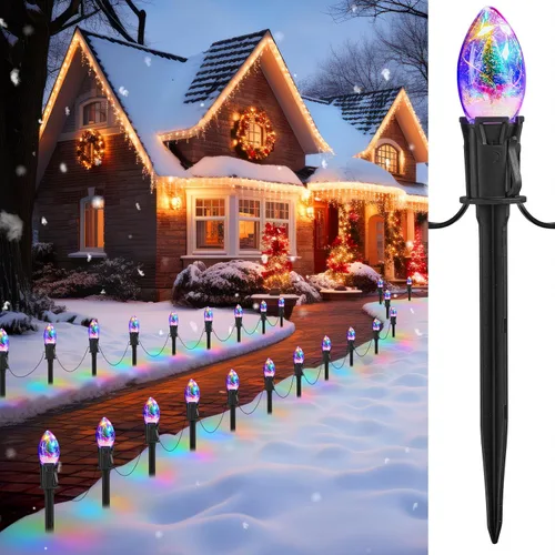 Miniatura 11 de Tira de luces LED estilo sendero de Navidad para exteriores; tira de 20 luces LED C9 con carcasa de fresa y estaca, interconectables, luz cálida