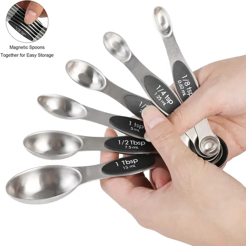 Miniatura 2 de Juego de cucharas medidoras magnéticas de acero inoxidable de doble cara apilables, cucharadita y cucharada para medir ingredientes secos y líquidos