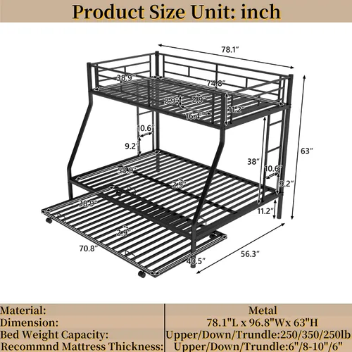 Miniatura 2 de Litera de metal individual sobre cama matrimonial con nido, marco de cama de metal resistente de acero resistente con escaleras de dos lados