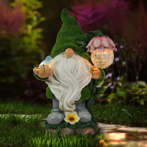 Miniatura 7 de Estatua de gnomo de jardín, divertida decoración de gnomo con luces solares de globo de cristal, adorno de gnomos de resina para patio, césped, Luz